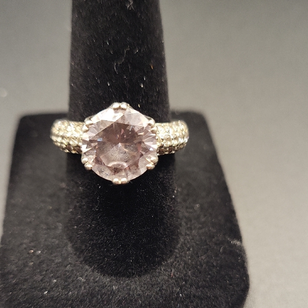 Sze 7, Sterling Silver Marked "925" and Pink Stone Ring with Sparkling Accents